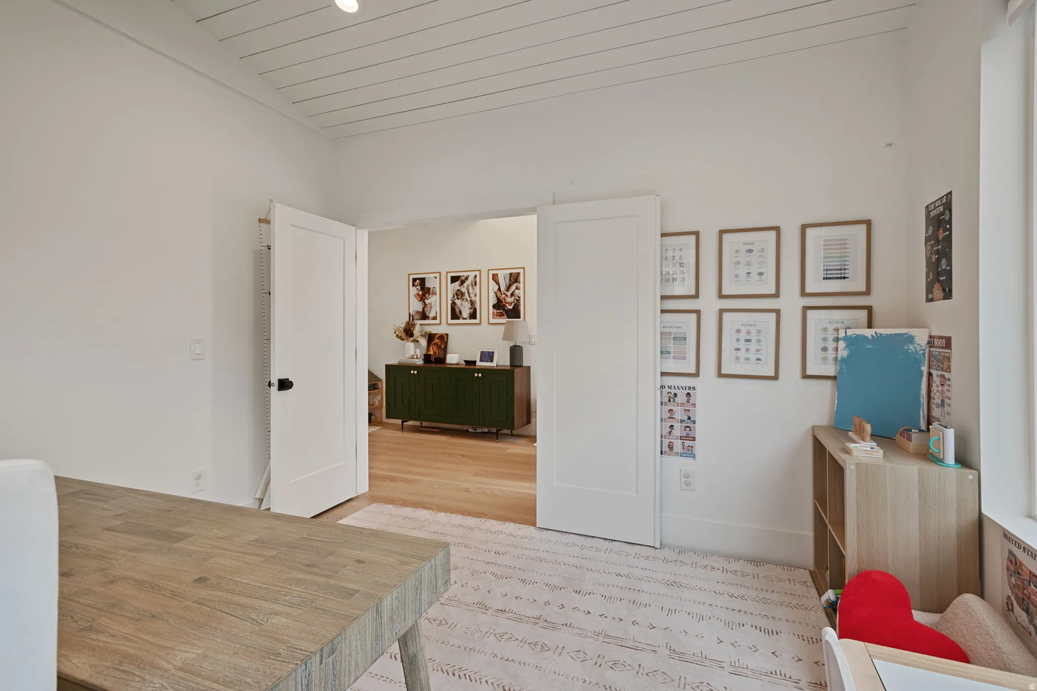 White shiplap ceiling with recessed lighting