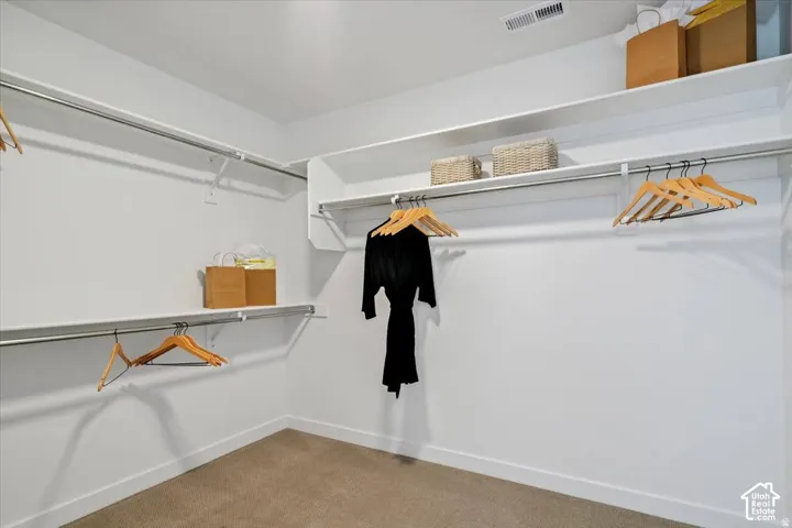 Walk-in closet featuring white built-in shelving, chrome hanging rods, and carpet flooring