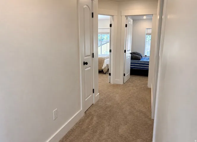 Neutral-toned carpeted hallway featuring white painted walls, white trim, and white paneled doors with black hardware