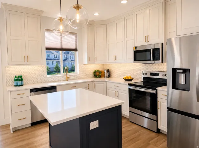 Kitchen featuring white cabinetry with gold-finish hardware, a dark-toned island with a light-toned countertop, and stainless steel appliances