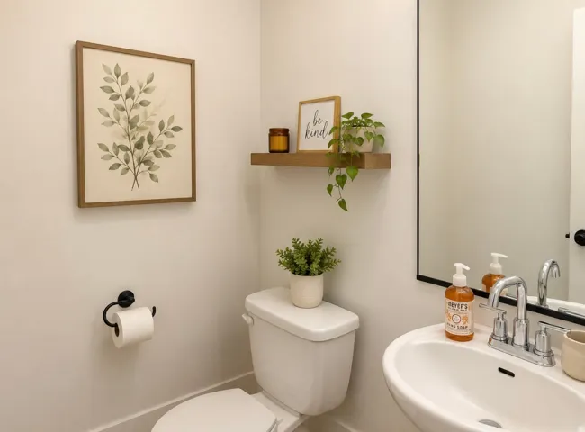 Pedestal sink with chrome faucet, a rectangular mirror with a black frame, and a floating wood-finish shelf