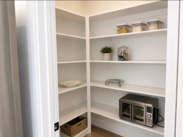 Integrated pantry shelving with white finishes and a light wood-finish floor