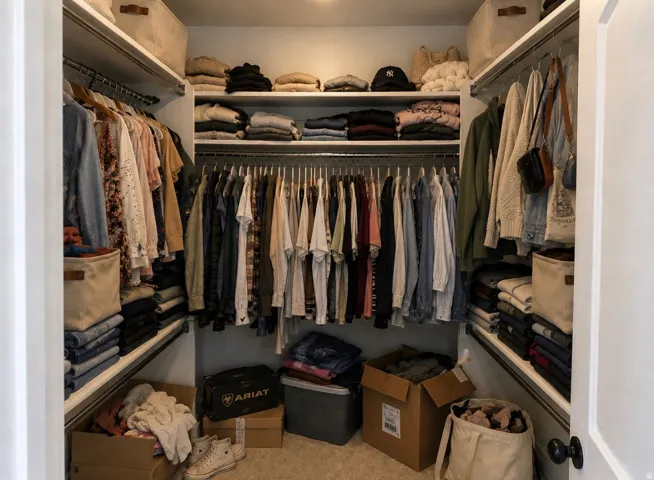 Spacious walk-in closet featuring dual hanging rods with multiple tiers for organized storage, built-in shelving for folded items and accessories, and ample floor space for additional storage solutions