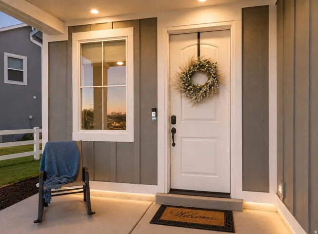 Front entry featuring a white paneled door, black hardware, white trim, recessed lighting, and integrated accent lighting