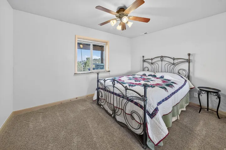 Window with wood-finish trim, ceiling fan with integrated lighting, and carpeted flooring