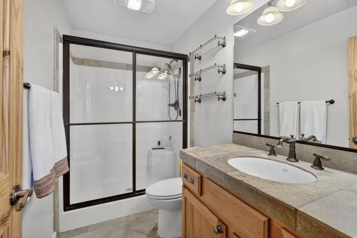 Brown-framed glass shower enclosure with white subway tile