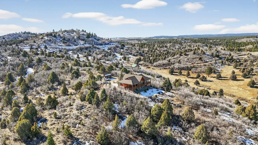 Expansive property featuring a log cabin structure, multi-level decking, and surrounding natural landscaping