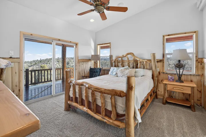 Sliding glass door leading to a private outdoor space, wood-paneled walls, two windows with wood trim, ceiling fan with integrated lighting, and neutral carpet flooring