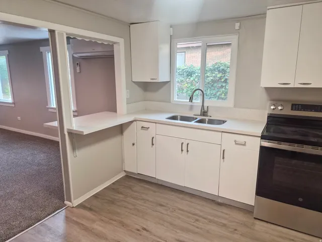 White cabinetry with brushed nickel hardware, wood-finish flooring, white countertop, stainless steel double basin sink with a gooseneck faucet, and a pass-through counter