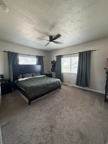 Carpeted flooring throughout, featuring a ceiling fan and multiple windows for natural light