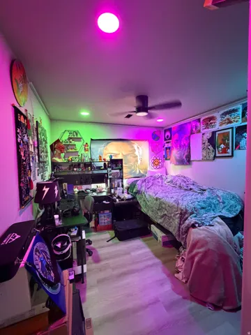 Recessed ceiling lighting, ceiling fan, wood-finish flooring