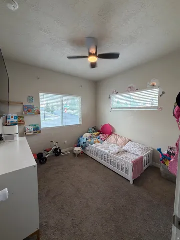 Carpeted interior with a ceiling fan light fixture and two windows with blinds