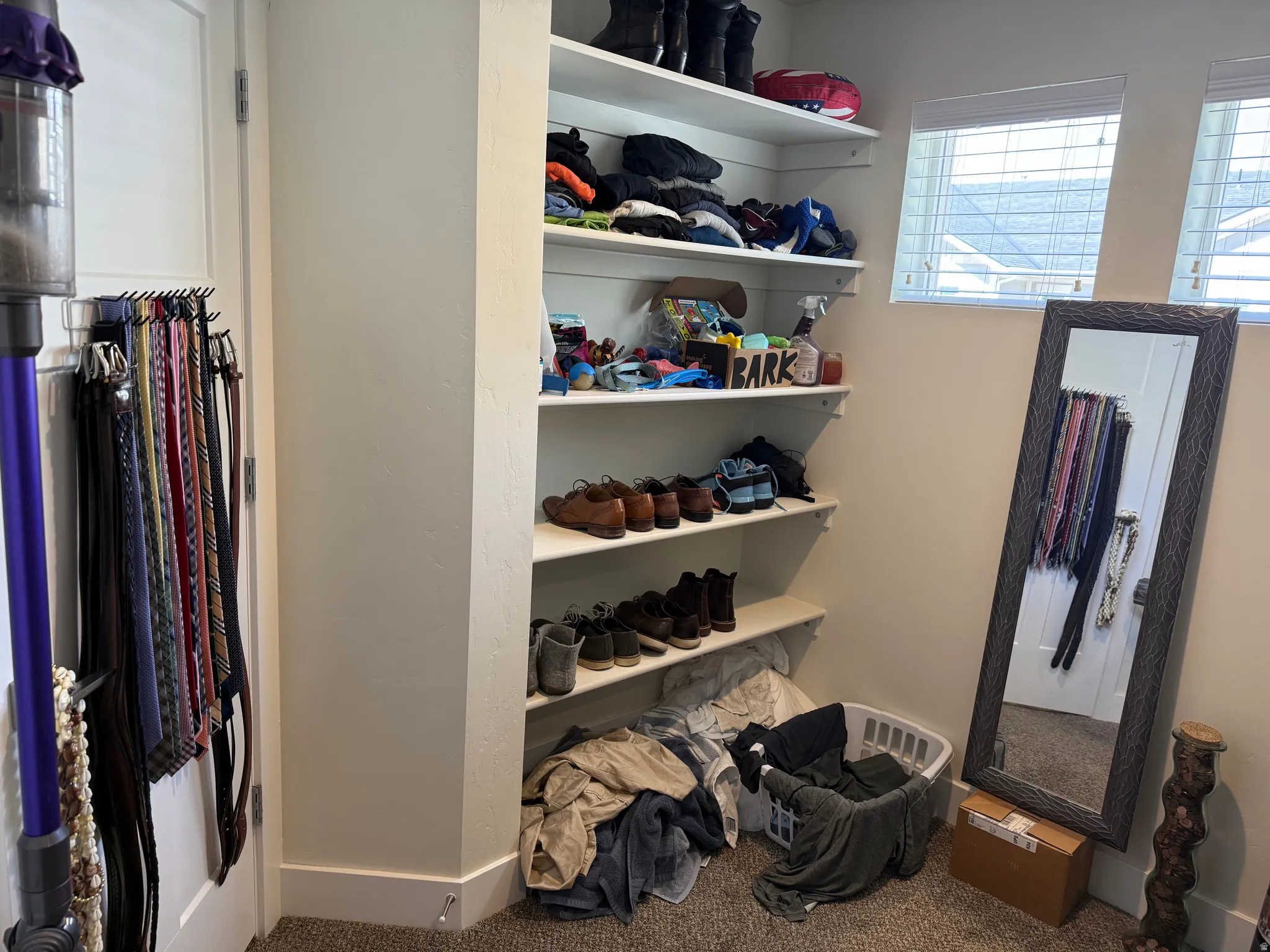 Primary Walk-in closet with Built-in shelving, two windows with blinds, and carpeted flooring