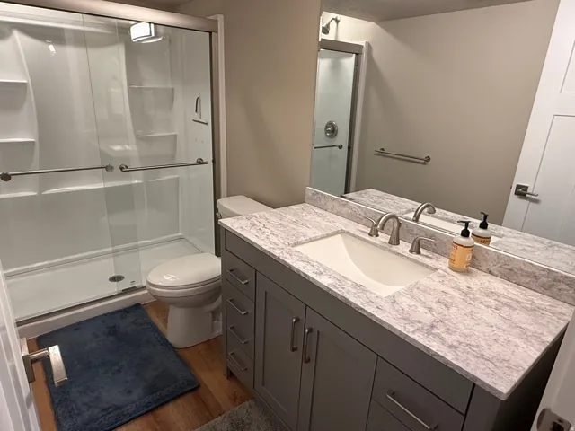 Walk-in shower with clear glass enclosure and grab bars