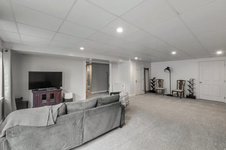 Recessed lighting, light-toned carpeting, white interior doors, and a drop ceiling