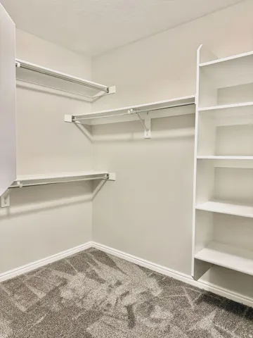 Built-in shelving unit, multi-level hanging rods, and plush carpet