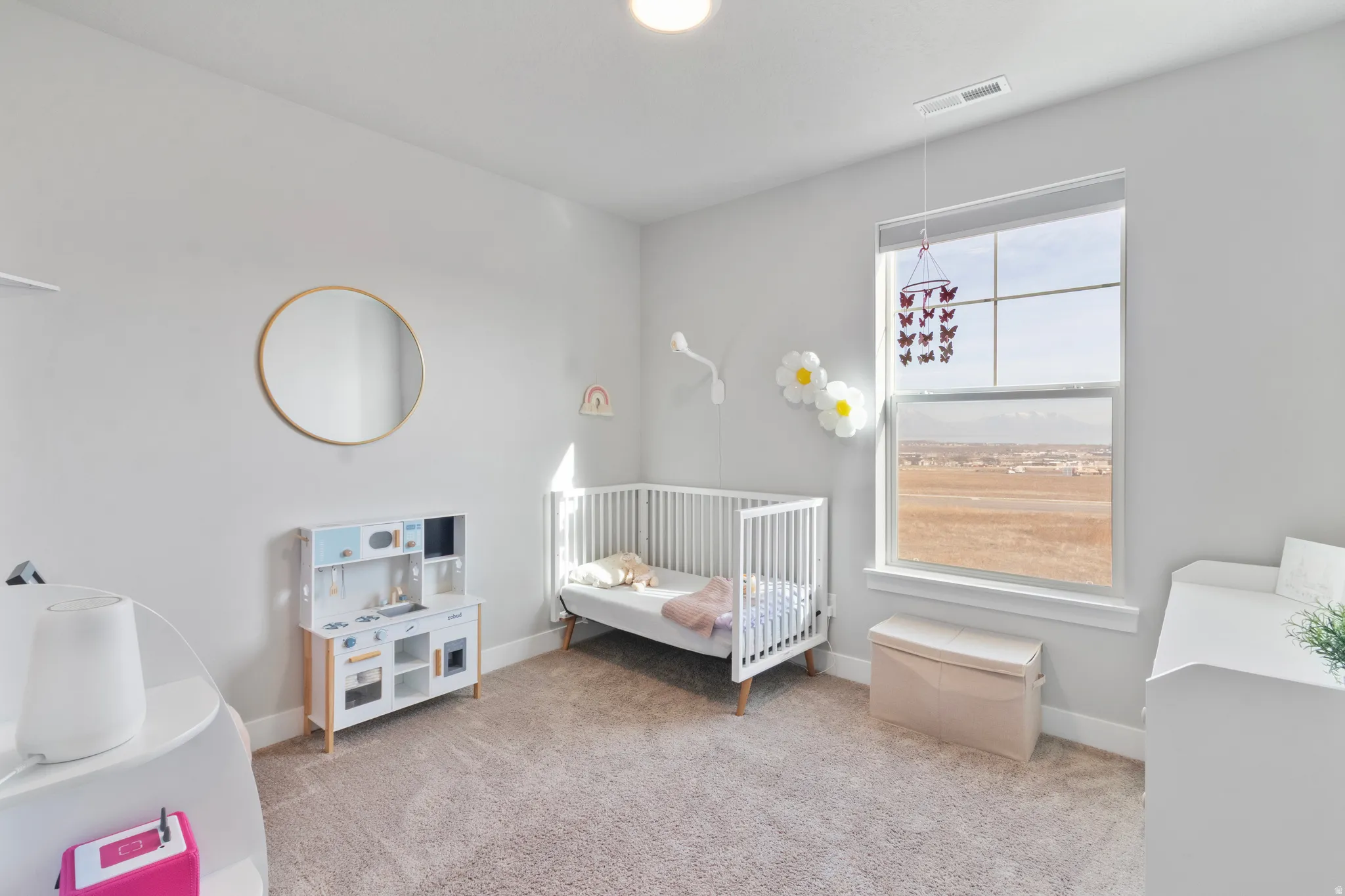 Neutral wall paint, plush carpet, recessed ceiling light, and a large window with a distant landscape