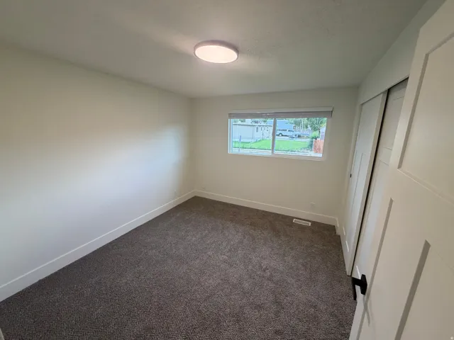 Neutral wall paint, plush carpeting, modern flush-mount lighting, and a sliding closet door