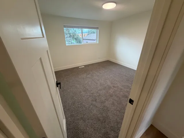 Neutral wall tones, recessed window, flush-mount ceiling light, and carpeted flooring