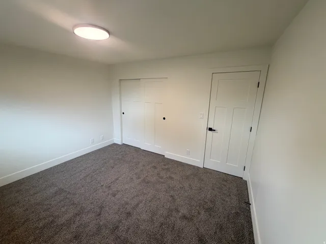 Plush carpet, white walls, flush-mount ceiling light, white paneled doors, and black hardware