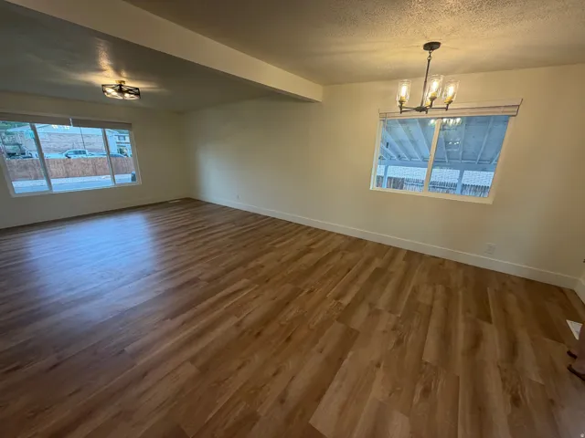 Spacious room featuring wood-finish flooring, white walls, multiple windows, and two distinct ceiling-mounted light fixtures