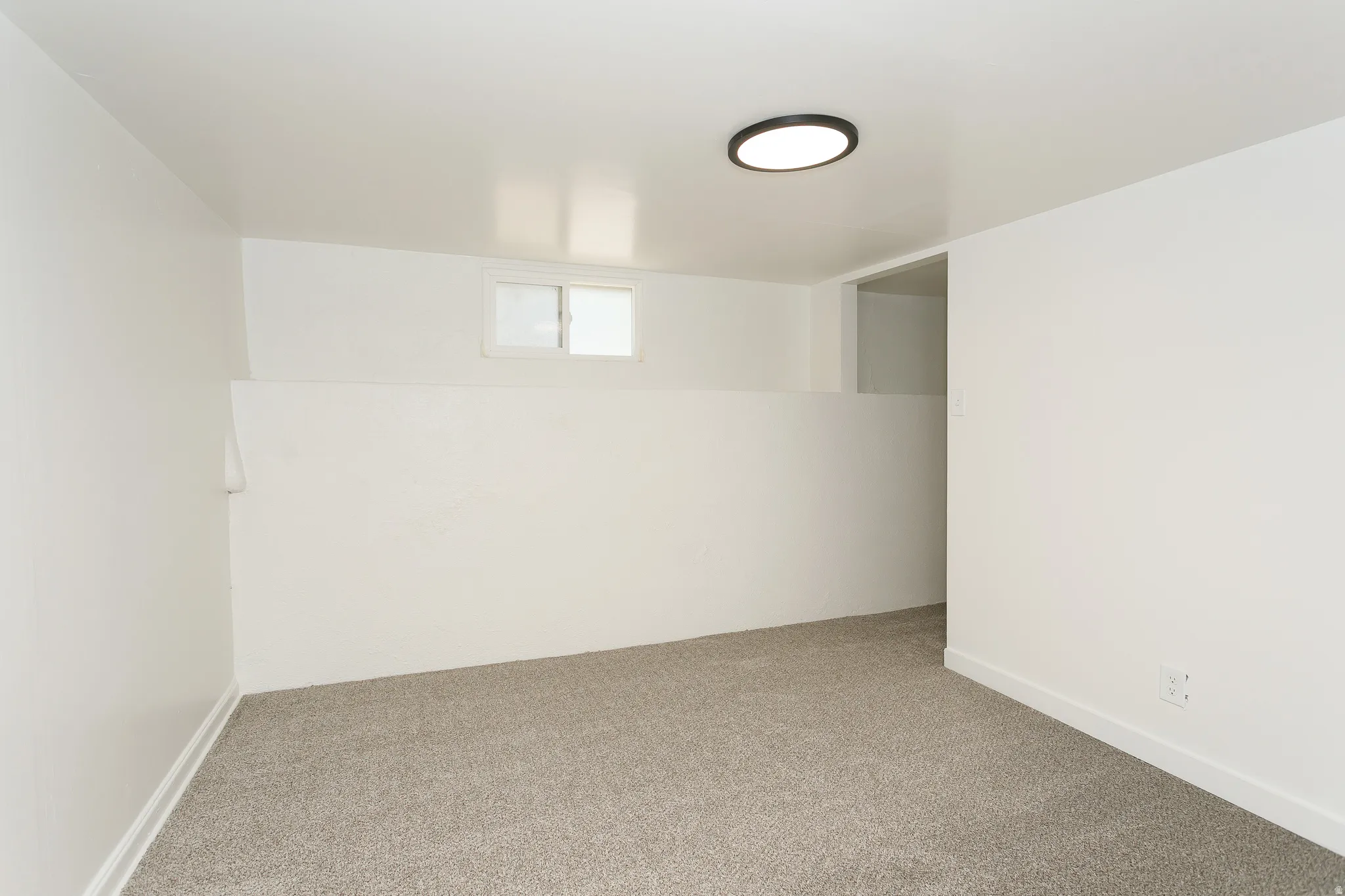 Neutral wall finishes, light-colored carpeting, and a modern flush-mount ceiling light