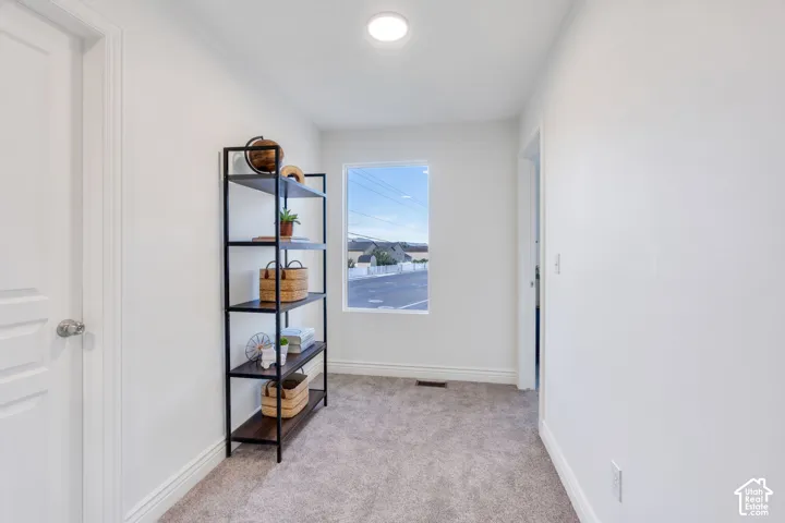 Carpeted hallway with a single rectangular window, recessed lighting, and a paneled interior door