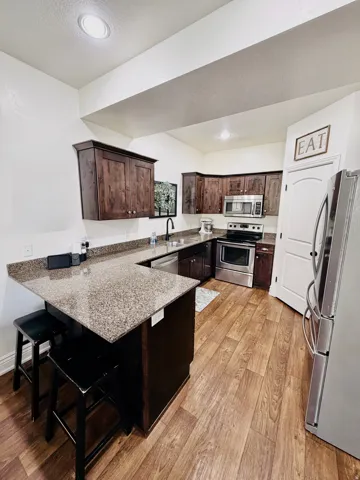 Kitchen featuring wood-finish flooring, dark wood cabinetry, stainless steel appliances, granite-style countertops, and recessed lighting