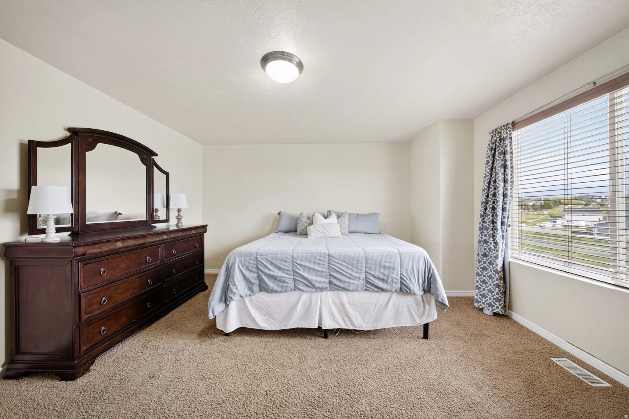 Carpeted flooring with neutral wall tones and a ceiling-mounted light fixture