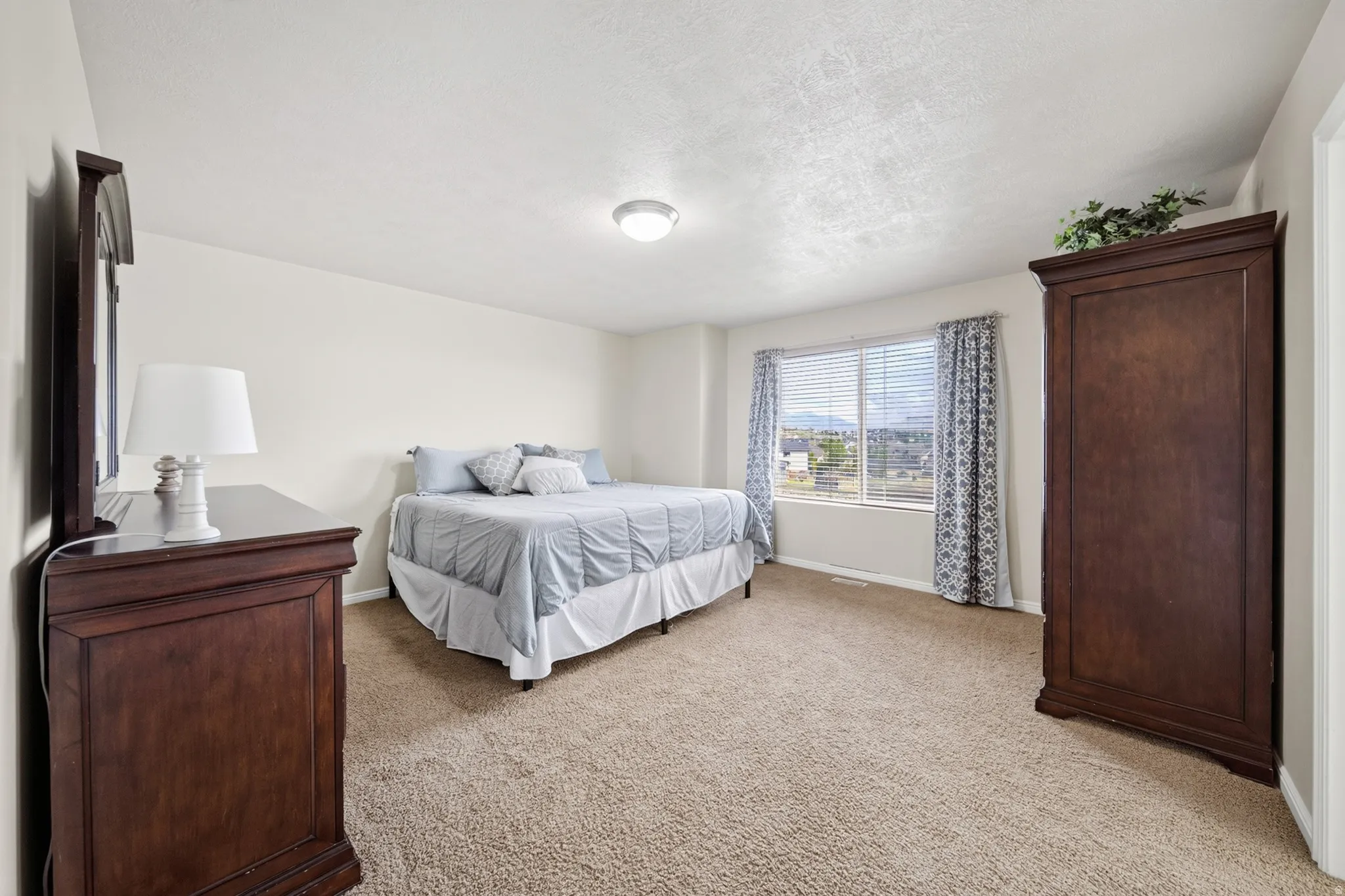 Spacious room with plush carpet, neutral wall tones, window with horizontal blinds, and a ceiling-mounted light fixture