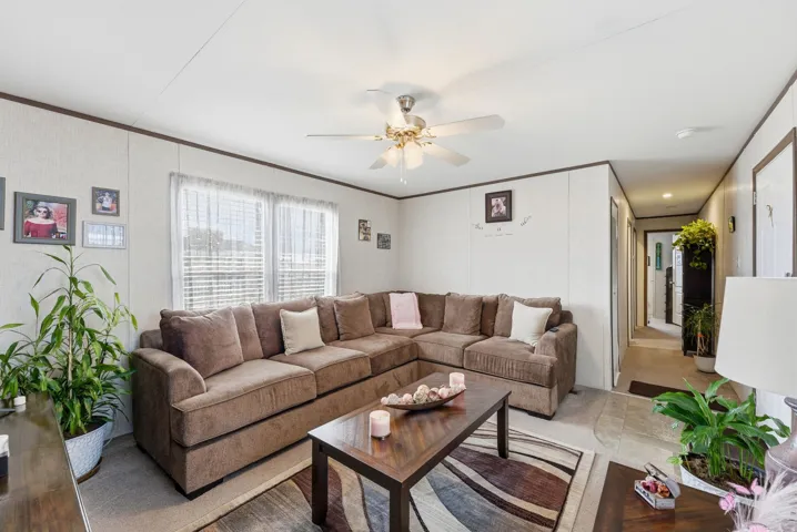Spacious living area featuring panel walls, a ceiling fan, and multiple windows with blinds