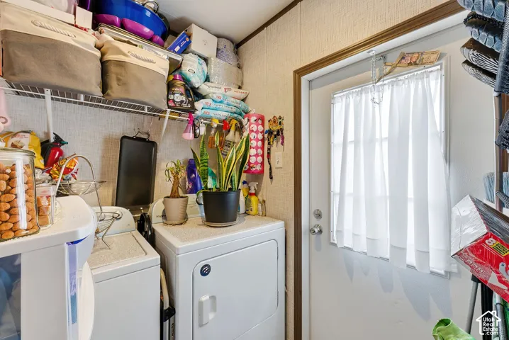 Built-in wire shelving, textured wall covering, and a utility door with window