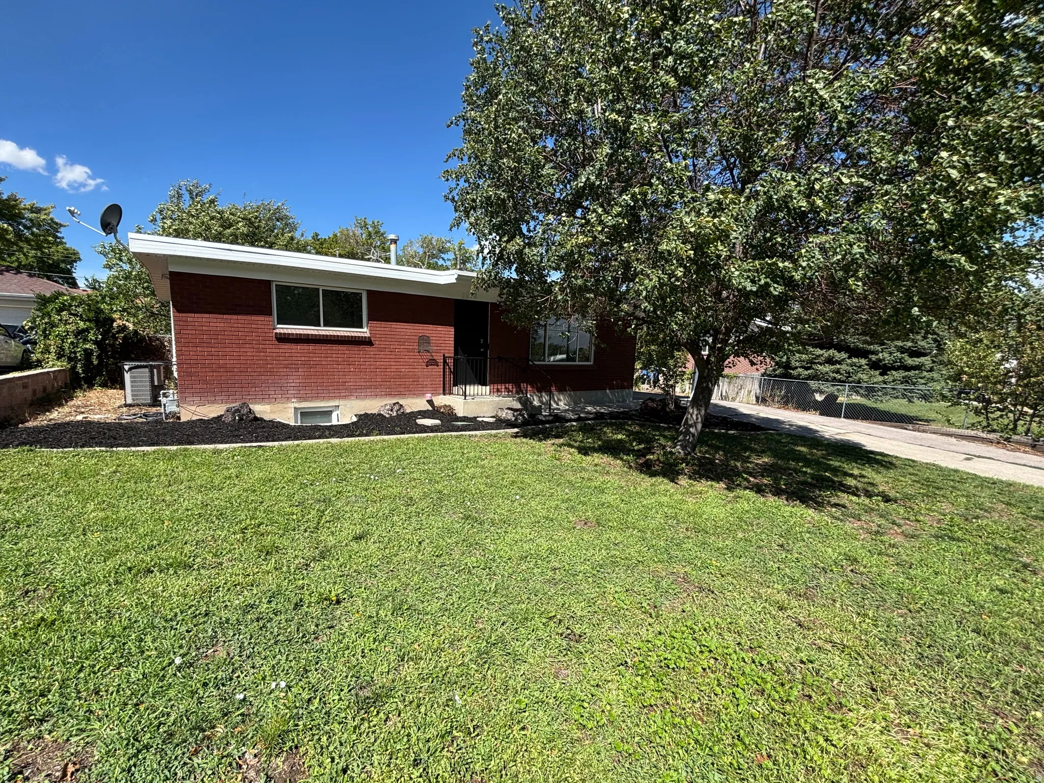 Brick exterior with white trim, mature front yard tree, and a concrete driveway