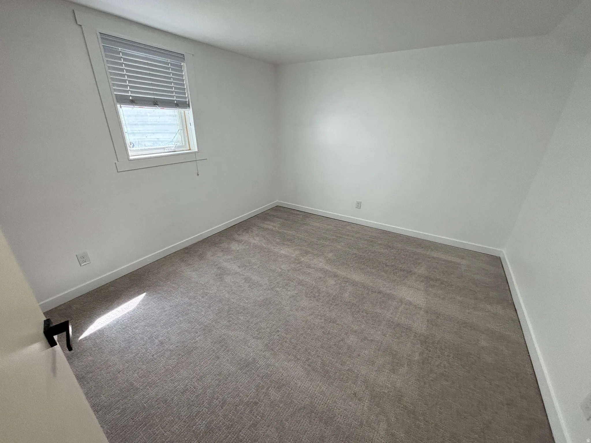 Neutral white wall paint, light-colored carpet flooring, white window trim, and horizontal window blinds