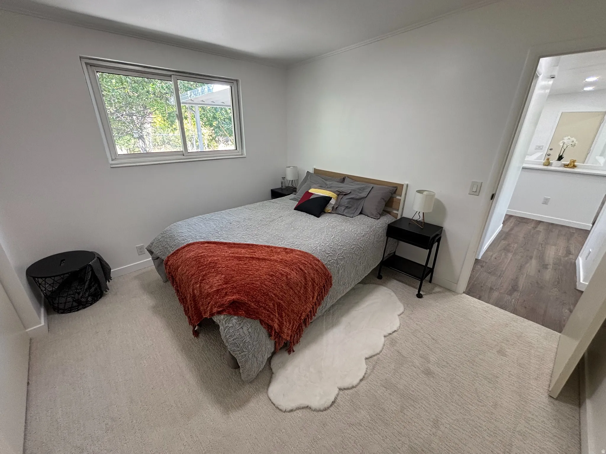 Light-colored carpeting, white walls, and a window with exterior views