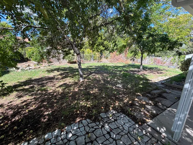 Expansive rear yard featuring mature trees, a partially sloped lawn, and a stone paver patio area