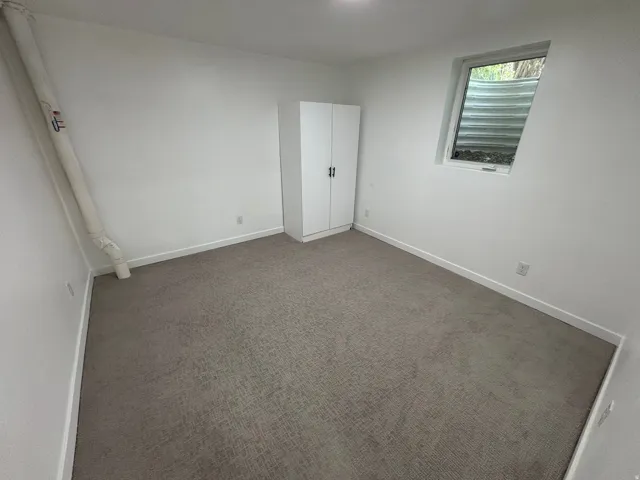 Neutral-toned carpet flooring, white walls, and a built-in white storage cabinet