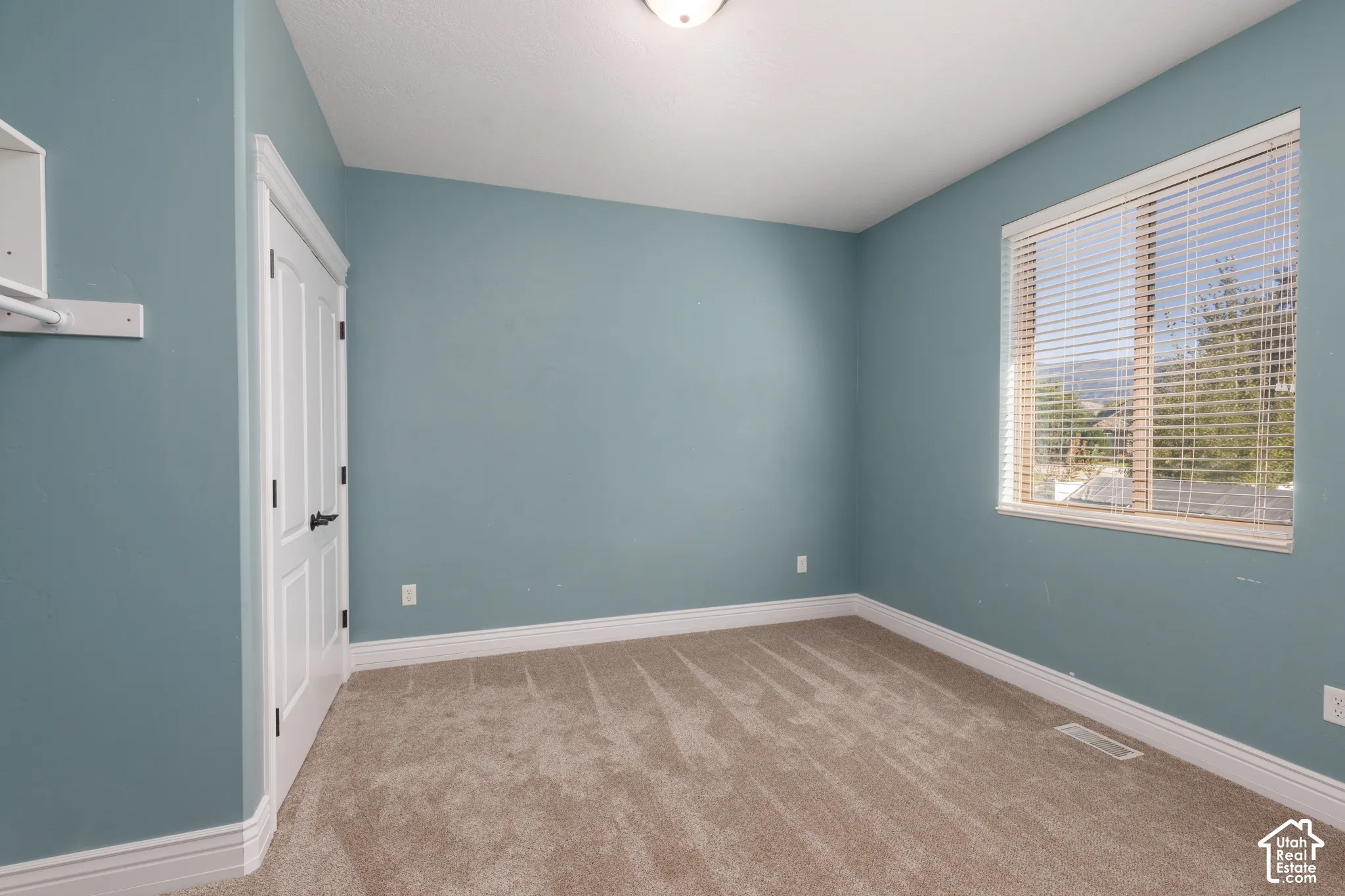 Blue painted walls, white trim, window with blinds, carpeted flooring, and a flush mount ceiling light