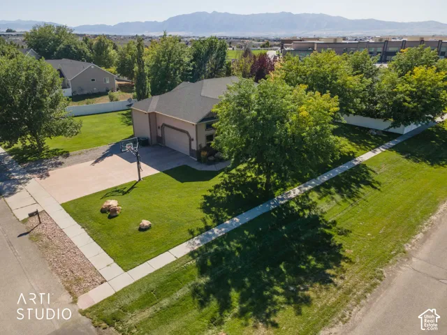 Expansive front yard with mature trees, a concrete driveway, and a two-car garage
