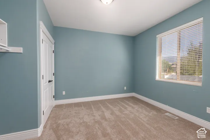 Blue painted walls, white trim, window with blinds, carpeted flooring, and a flush mount ceiling light