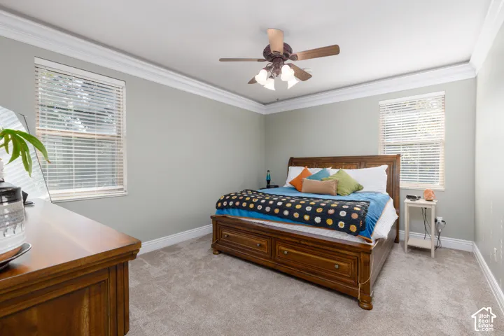 Recessed lighting fixture, crown molding, double windows, wood-finish ceiling fan, and carpeted flooring