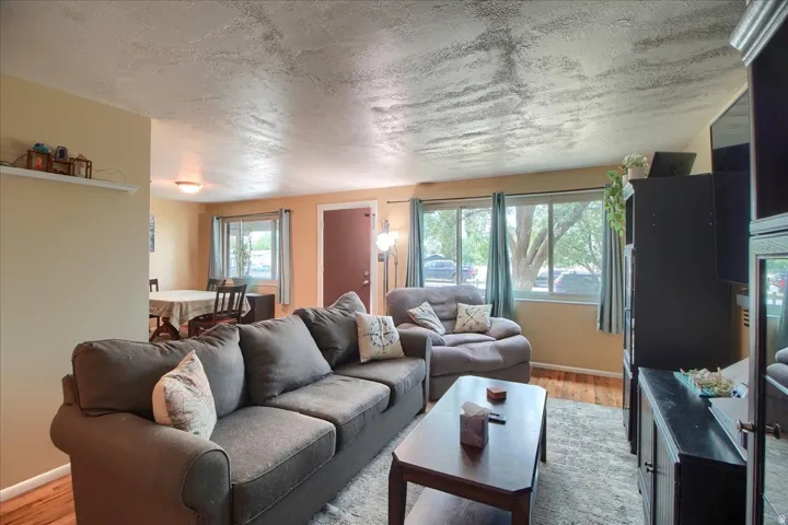 Wood-finish flooring throughout, multiple large windows with natural light, and a dedicated dining area