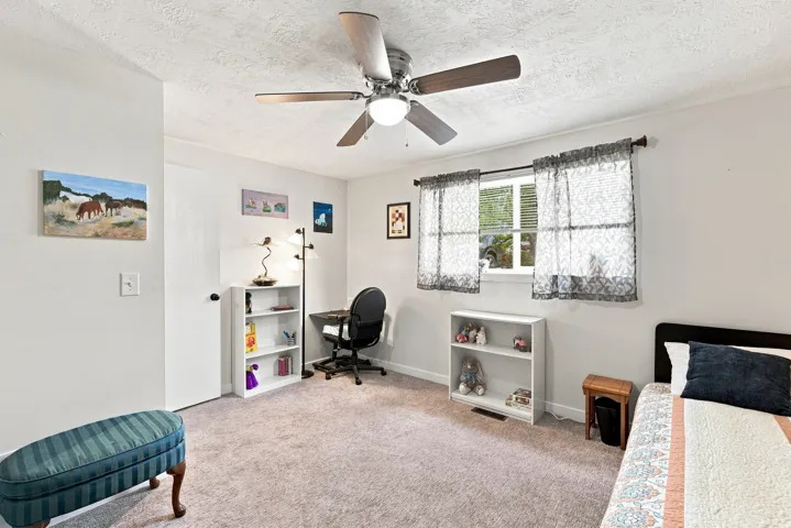 Carpeted flooring, ceiling fan, white paneled door, window with blinds, and white walls