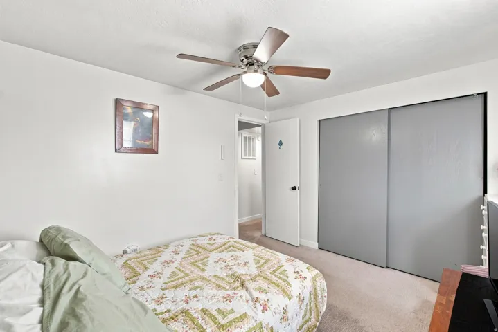 Ceiling fan with light fixture, carpeted flooring, white walls, and sliding closet doors