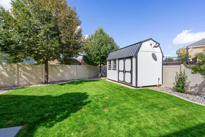 Expansive green lawn with a white privacy fence, mature trees, and a white storage shed with a black metal roof