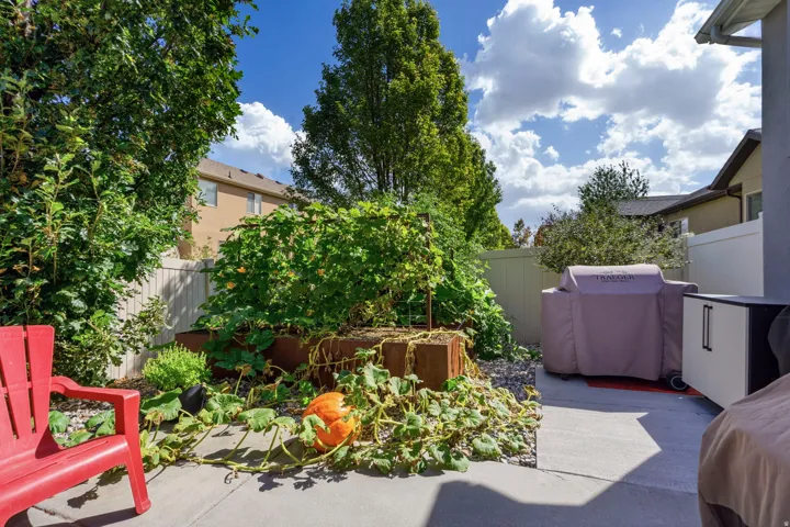 Paved patio area, raised garden beds, established perimeter foliage, and privacy fencing