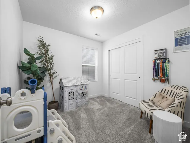 Recessed lighting, wall-to-wall carpeting, and a window with blinds