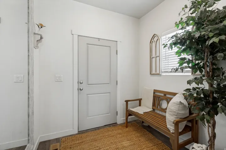 Entryway with a solid panel door, wood-finish flooring, and a window with blinds