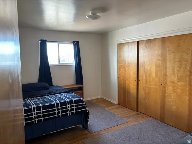 Hardwood flooring, wood-finish sliding closet doors, window with trim, and a ceiling-mounted light fixture