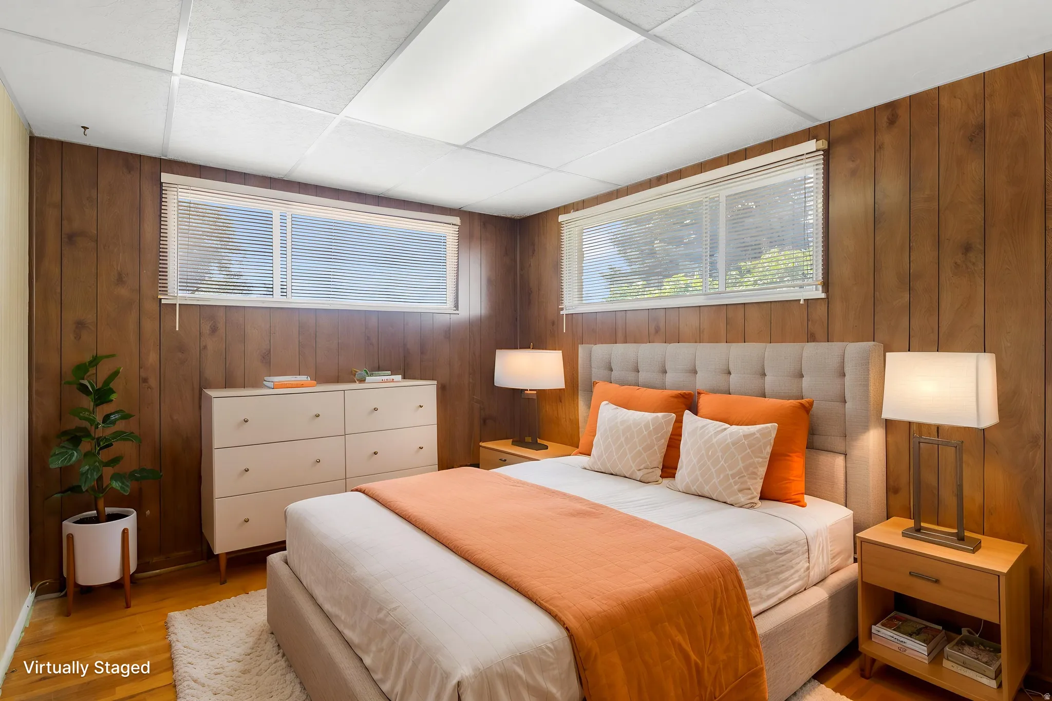 Wood-panel wall finishes with a drop ceiling